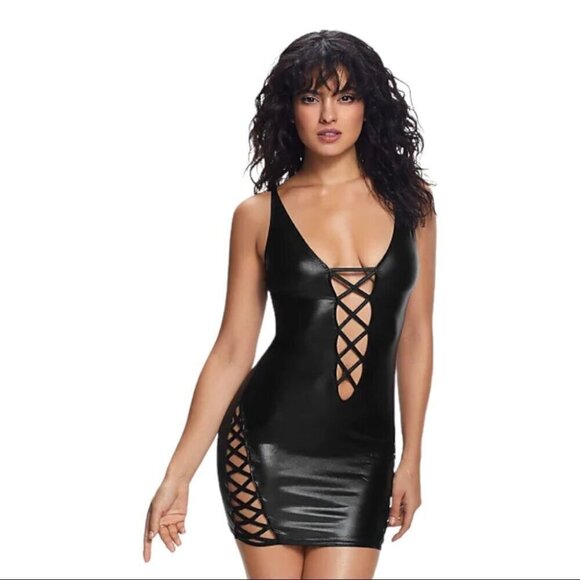 ** Ann Summers Samara Wet Look Black Mini Stretch Dress Size M/ US 8-10 - Picture 4 of 8